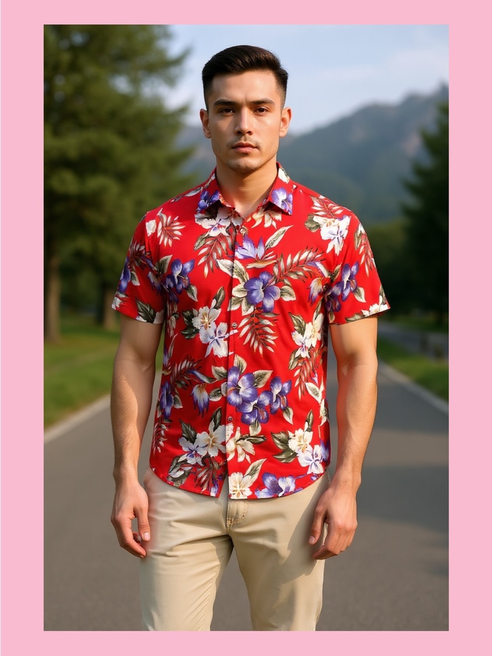 Men's Red Floral Short-Sleeve Button-Down Shirt 100 1/2 cotton. Made in Hawaii.